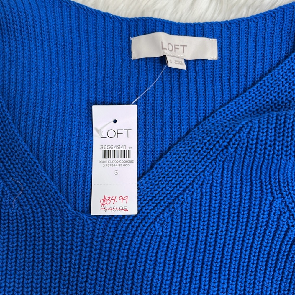Loft Cobalt Blue Current Knit Sweater Top Sleeves V-neck Women Size S New - Picture 5 of 8